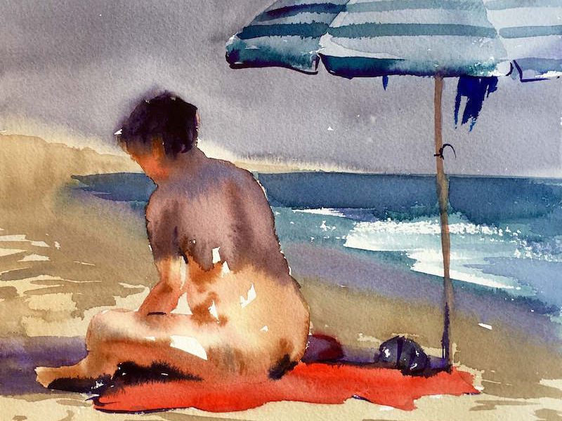 Mujer en la Playa-Pintura en Acuarela-Santaella